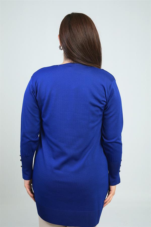 Kadın Kolları Düğme Detaylı Taş Baskı Yazılı Büyük Beden Uzun Hırka