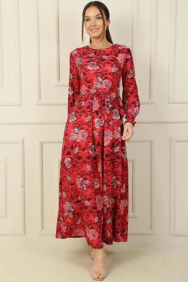 Beli Kuşaklı Gül Desenli Kol Uçları Büzgülü Gofre Uzun Elbise