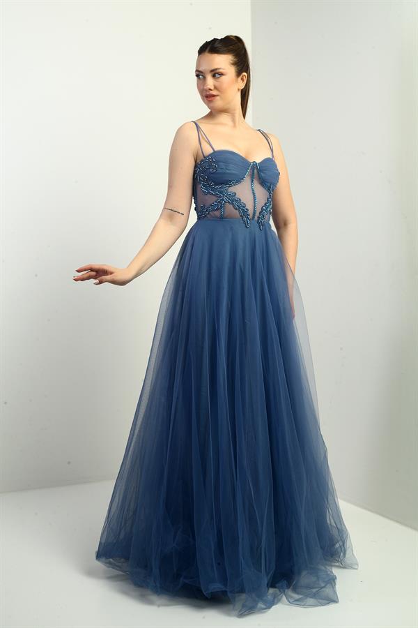 Kadın İp Askılı astarlı Göğüs Pliseli Boncuk İşlemeli Uzun Prenses Elbise