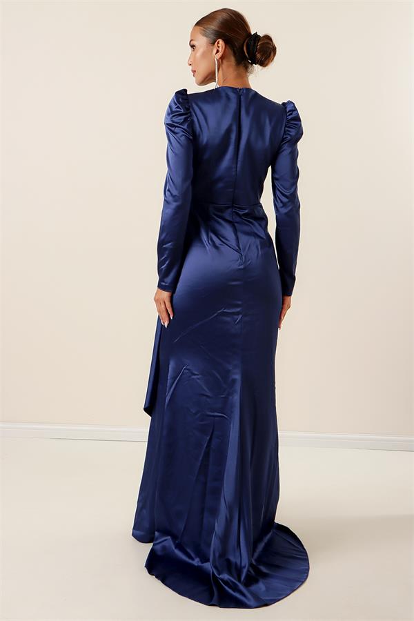Long-sleeved satin dress with pleat detail at the front and lining.