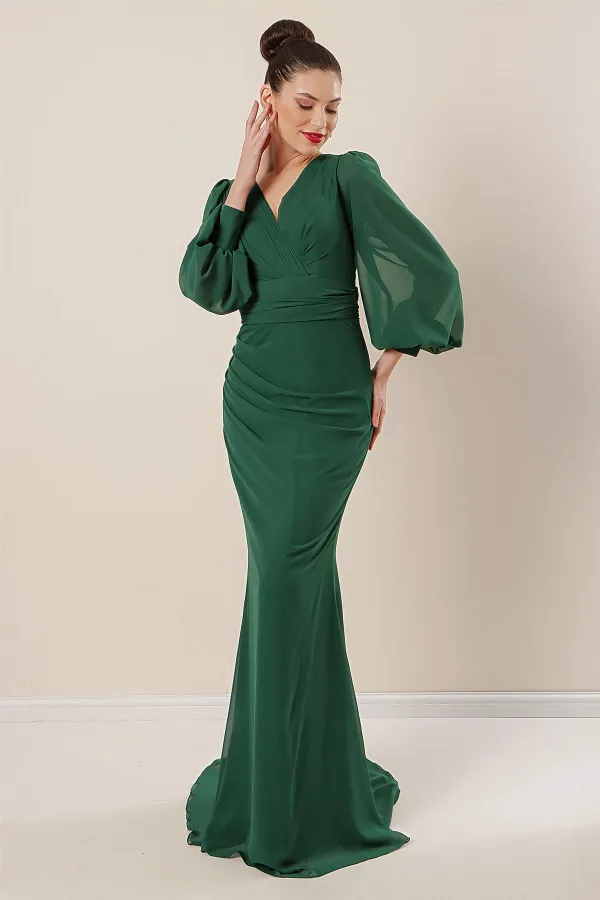 Double-Breasted Front Pleated Lined Long Chiffon Dress