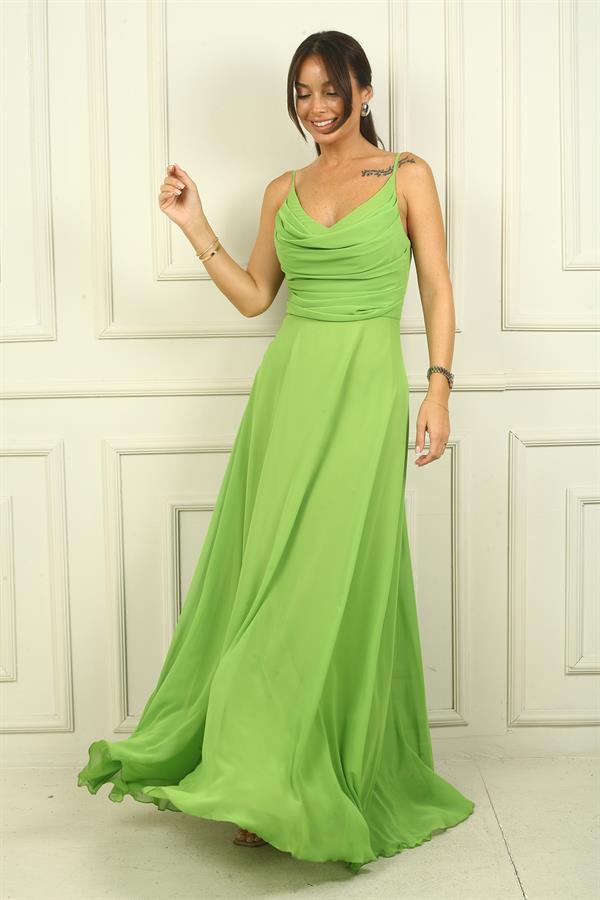 Kadın İp Askılı Drapeli Astarlı Şifon Uzun Elbise