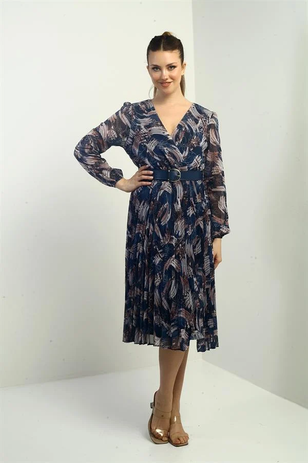 Women's Wrap Neckline Belted Lined Pleated Patterned Midi Chiffon Dress