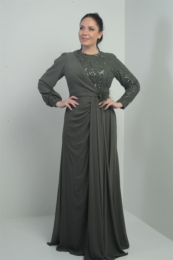 Women's Plus Size Long Chiffon Dress with Sequin and Bead Embellishment, Lined, and Floral Waistline