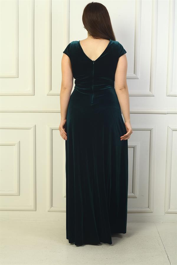 Robe longue en velours grande taille pour femme, avec décolleté en V devant et dos, fronces latérales et manches demi-lune.