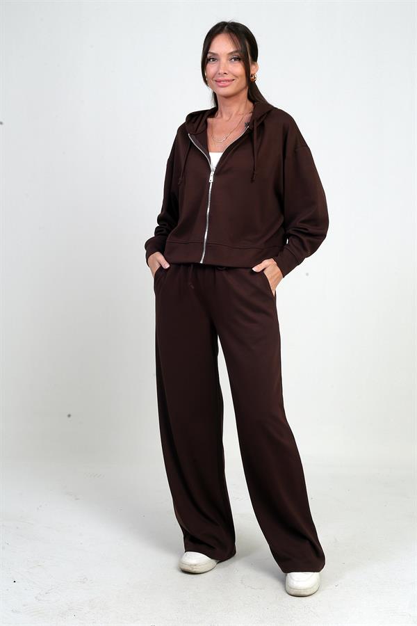 Ensemble Osyho 2 pièces pour femme : cardigan à capuche zippé, pantalon palazzo à poche et taille élastique