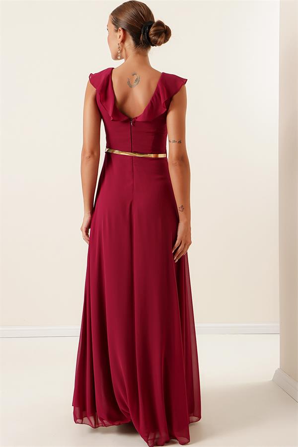 Long Chiffon Dress with Ruffled Neckline and Belt, and Slit