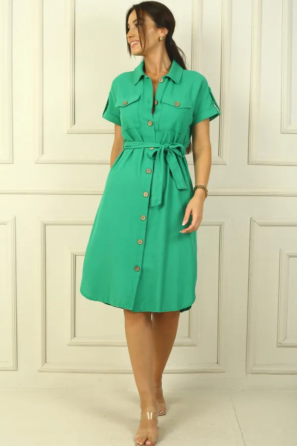 Double-pocket, button-front, belted linen-effect dress.