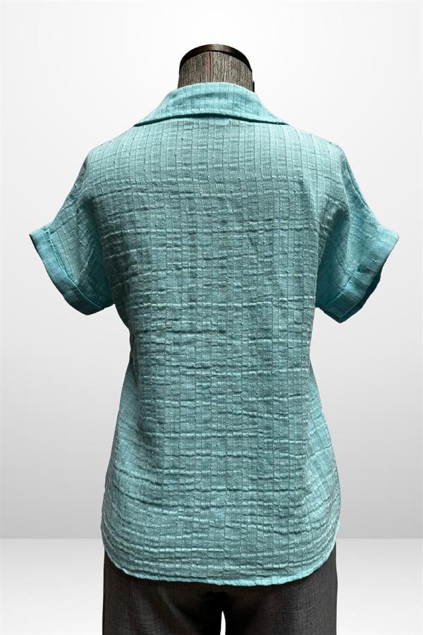 Kadın Polo Yaka Kendinden Desenli Keten Gömlek