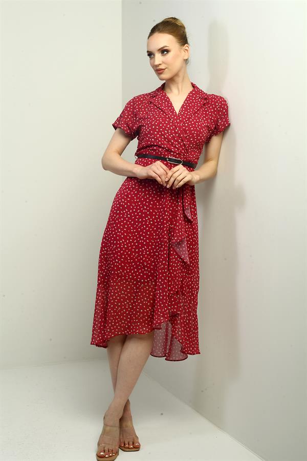 Kadın Kruvaze Yaka Astarlı Çıtır Desen Önü Volanlı Şifon Elbise