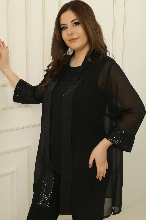 Ensemble 2 pièces veste en mousseline de soie à col châle et paillettes avec chemisier sans manches, grande taille