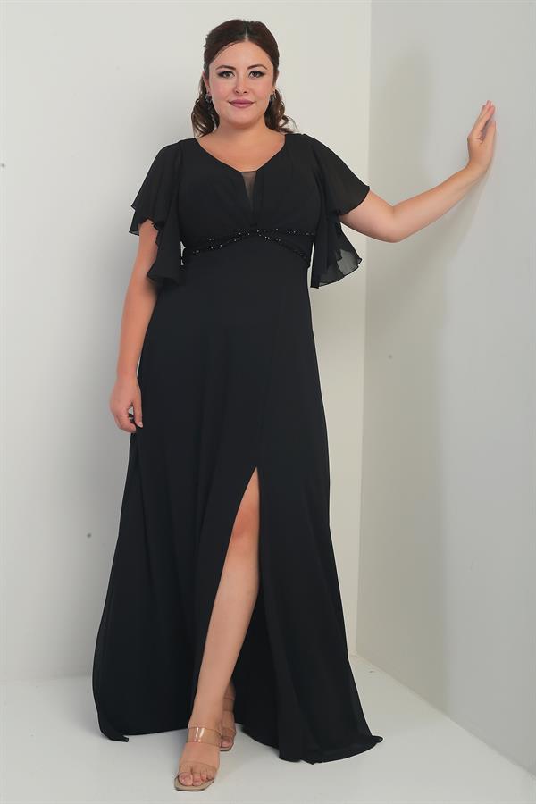 Robe en mousseline grande taille pour femme, décolleté en V devant et dos, manches à volants, ceinture doublée et poches.