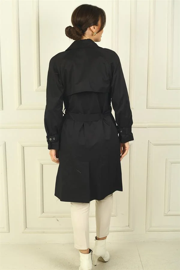 Kadın Beli Ve Kolları Kemerli Önü Düğmeli Cepli Pardesü