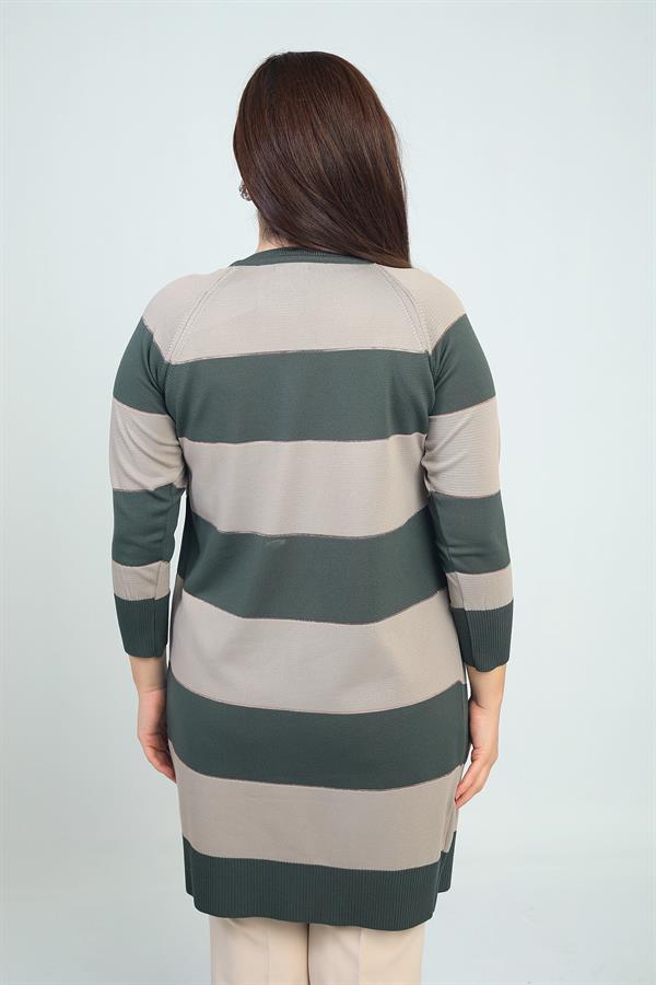 Kadın Enine Kalın Çizgili Büyük Beden Hırka