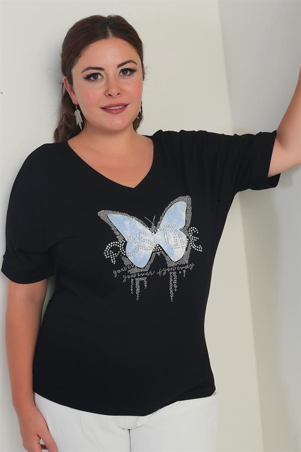 Chemisier en lycra à col en V et manches courtes chauve-souris pour femme, motif papillon détaillé en pierre, grande taille