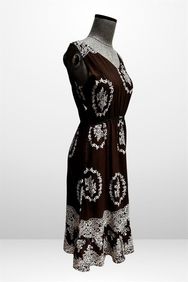 Kadın Ön Arka v Yaka Beli Lastikli Cepli Çiçek Desenli Rahat Kalıp Elbise