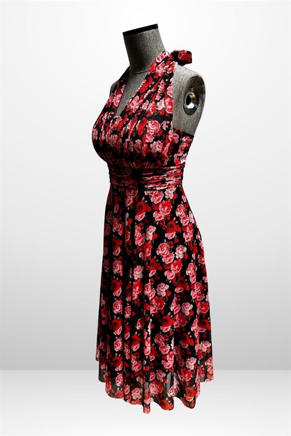 Women's Halter Neck Lined Dress with Small Floral Pattern