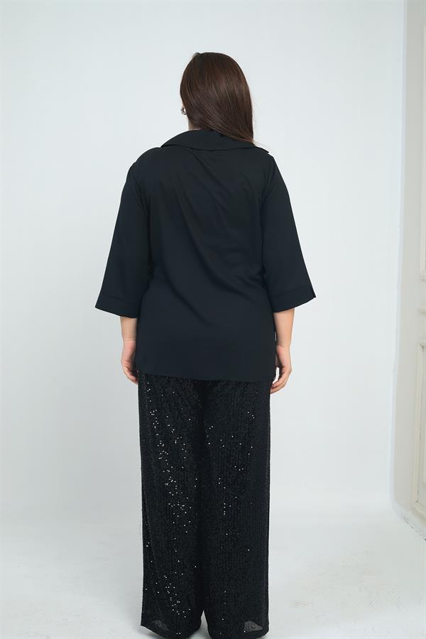 Kadın Kruvaze Polo Yaka Tek Tarafı Pulpayet Yanı Bağcıklı Krep Şifon Büyük Beden Bluz