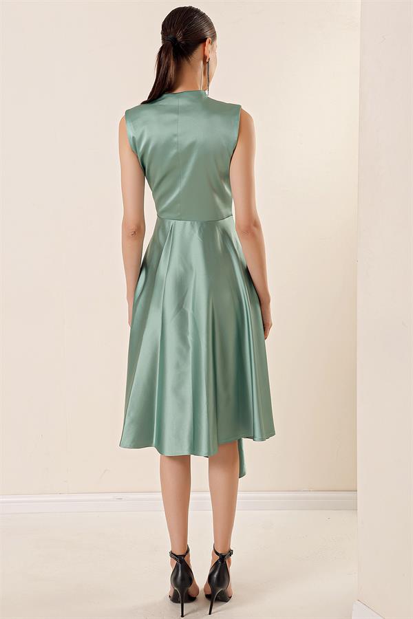 Wrap Neckline Lace-up Satin Dress