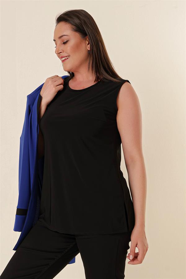 İçi Likralı Atlet Omuzlar Vatkalı Garnili Büyük Beden Krep Ceket 2'li Takım