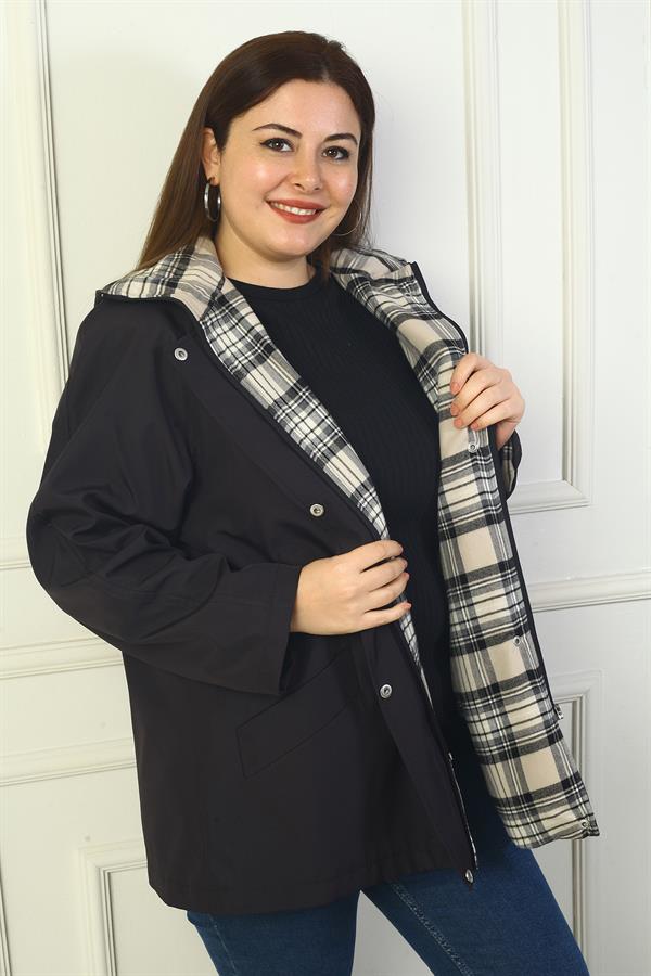 Kadın Önü Çıtçıtlı Fermuarlı Kapşonlu Sahte Cep B.B.Trençkot Kaban