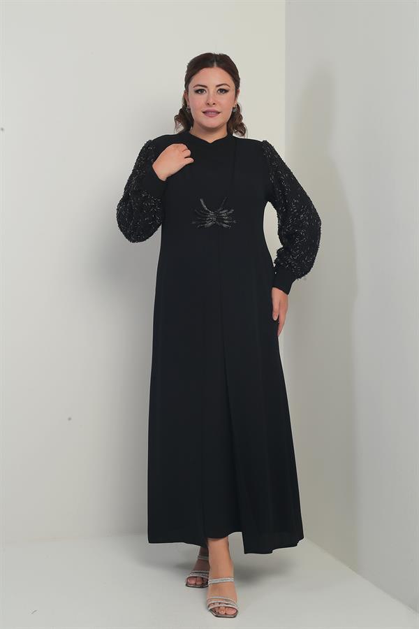 Kadın Kolu Ve Önü Pullu Büyük Beden Uzun Tesettür Elbise