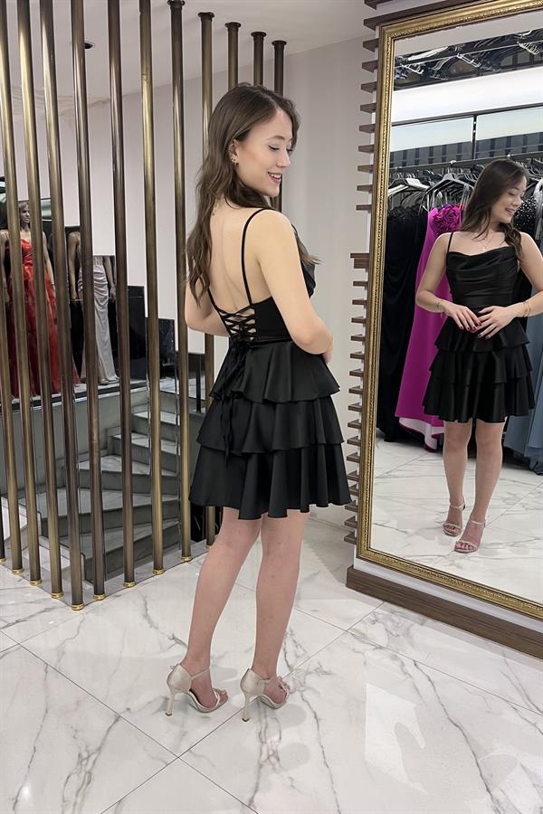 Kadın İp Askılı Arkadan Bağcıklı Eteği Kat Kat Saten Kısa Elbise