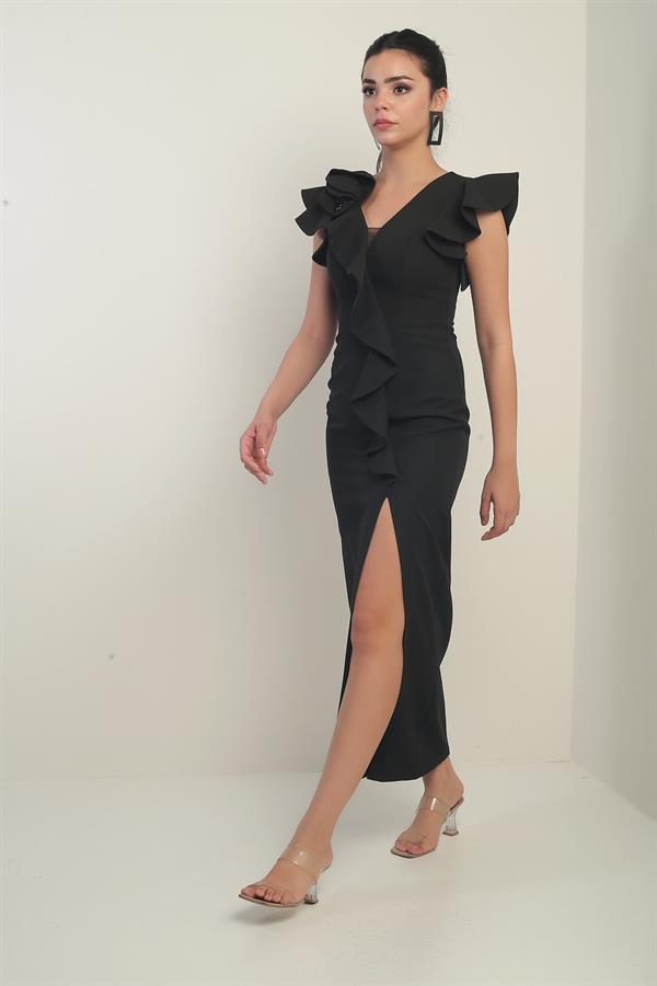 Robe longue pour femme avec roses brodées sur l'épaule, doublée, fente sur le devant et volants