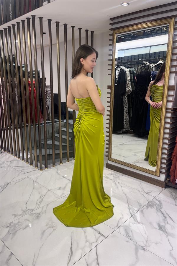 Women's Strapless 3D Floral Draped Lined Lycra Long Dress