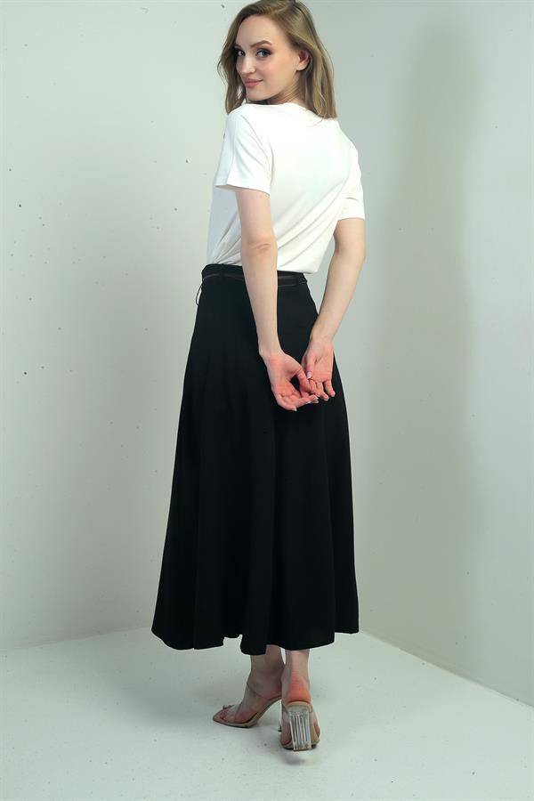 Women's Loose-Fitting Long Skirt with Linen Effect Trim and Waist Accessory