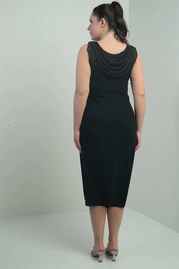 Cowl Neck Stone Detailed Lined Plus Size Crepe Midi Dress