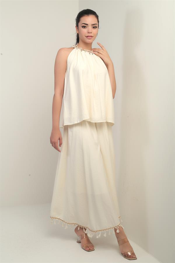 Women's Beaded Halter Neck Blouse and Elasticated Waist Lined Tassel Skirt 2-Piece Set