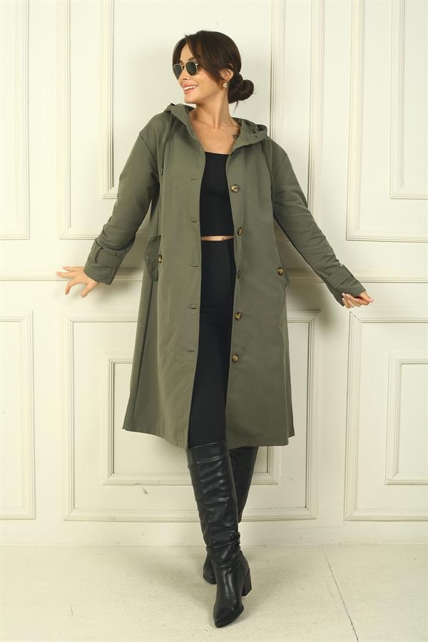 Trench-coat à capuche pour femme avec poches latérales et boutons sur le devant