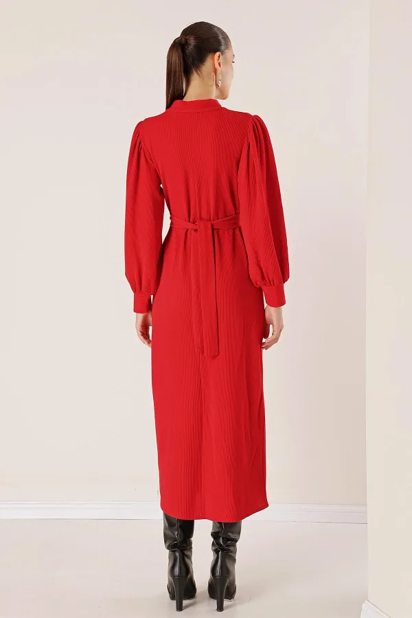 Beli Kemerli Omuz Büzgülü Elbise