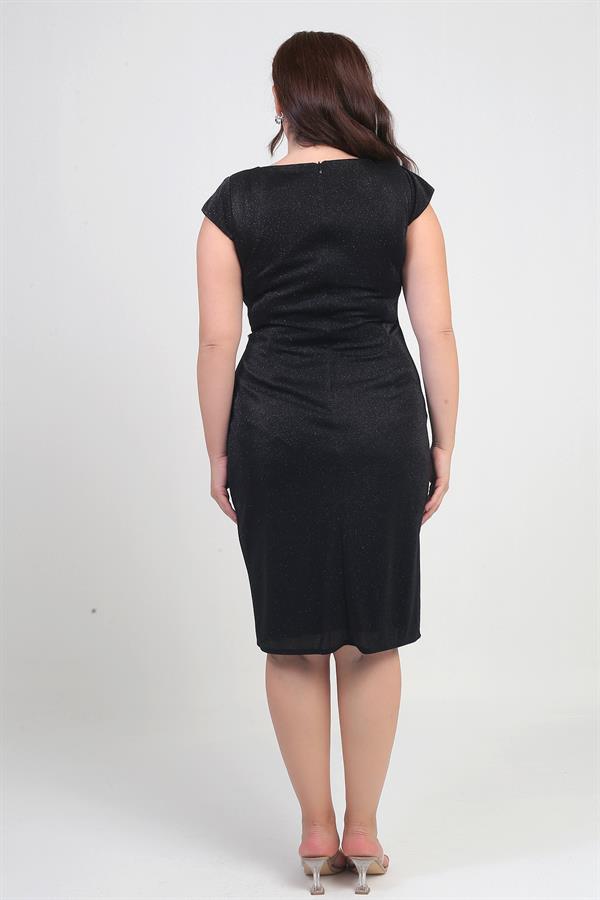 Women's Wrap Neckline Double Stone Detail Lined Half-Moon Sleeved Lycra Plus Size Glitter Dress