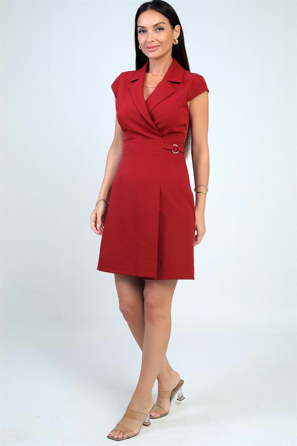 Women's Wrap Neckline Buckle Detail Pleated Skirt Lycra Crepe Dress