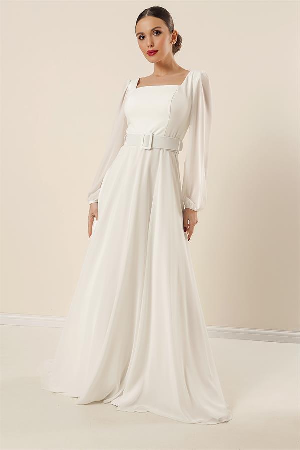 Robe de soirée longue en mousseline doublée, col carré et ceinture à la taille