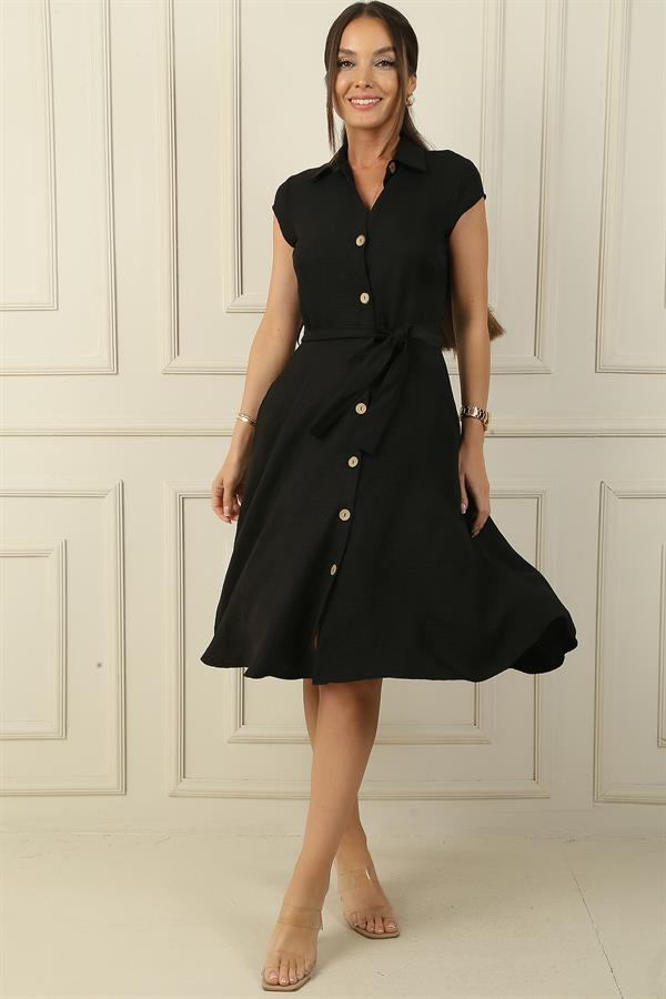 Button-front, belted, pocketed linen-effect dress.