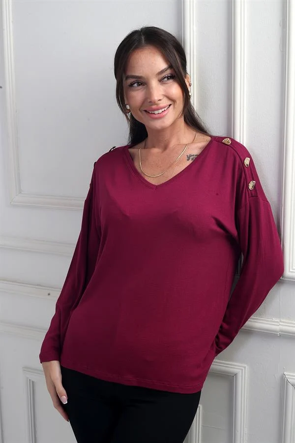 Blouse en lycra à col en V et boutons sur les épaules pour femme, couleur fraise.