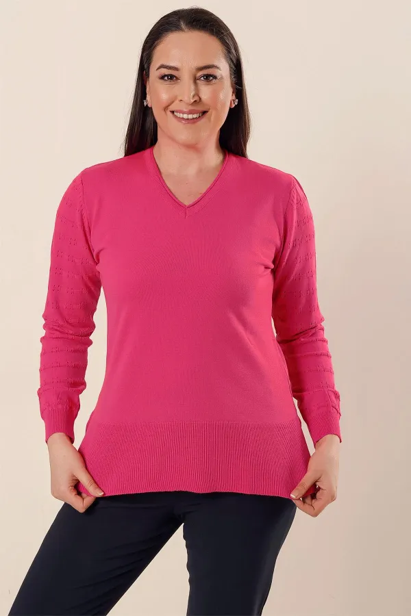 V Yaka Kolları Modelli Yanları Yırtmaçlı Büyük Beden Akrilik Kazak