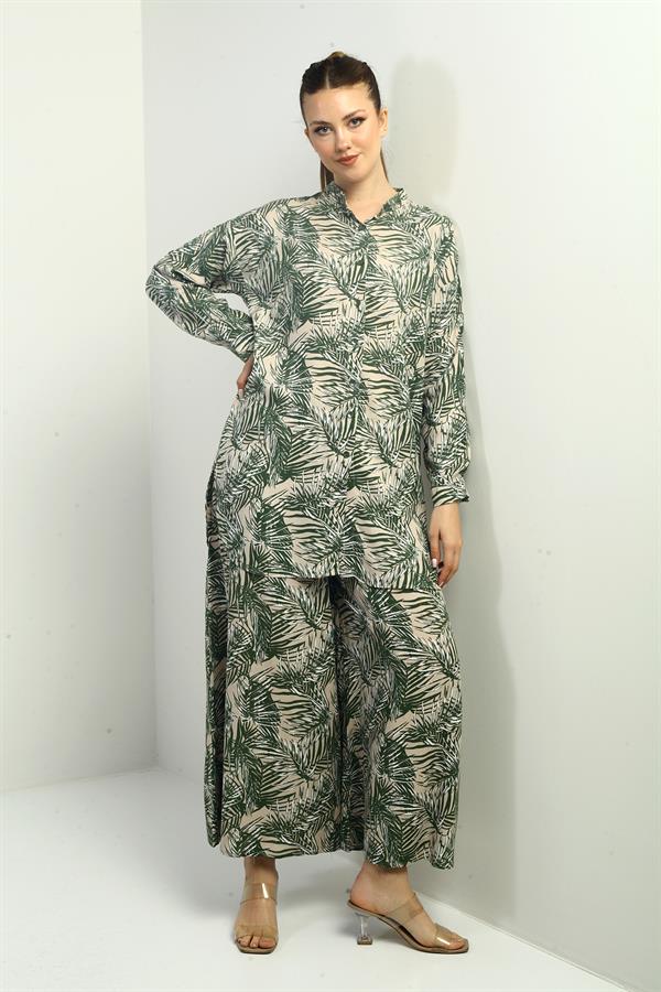 Kadın Yanları Yırtmaçlı Tunik Gömlek Beli Lastikli Cepli Palazzo Pantolon Yaprak Desenli Oversize 2'li Takım