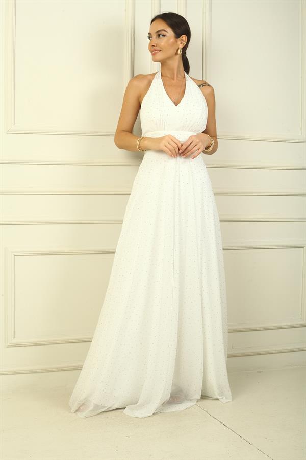 Kadın Boyundan Bağlamalı Taş Baskılı Astarlı Uzun Tül Elbise