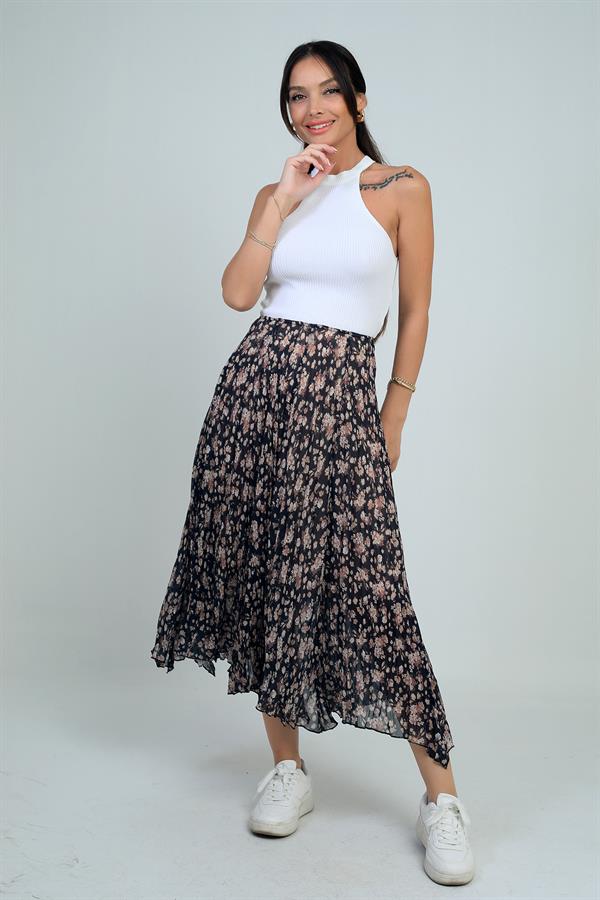 Kadın Beli Lastikli Astarlı Mini Çiçekli Midi Kraşlı Üçgen  Etek