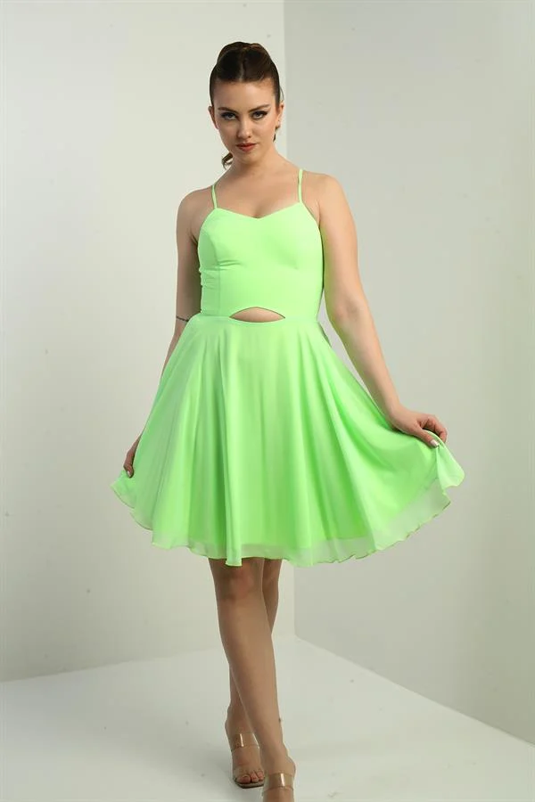 Women's Strappy, Back-Tie, Front-Opening, Lined Chiffon Short Flared Dress