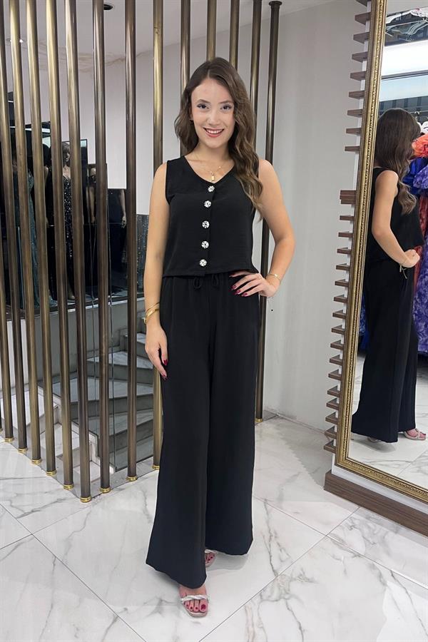 Kadın V Yaka Önü Düğmeli Bluz Beli Lastikli Cepli Palazzo Pantolon Ayrobin 2'li Takım