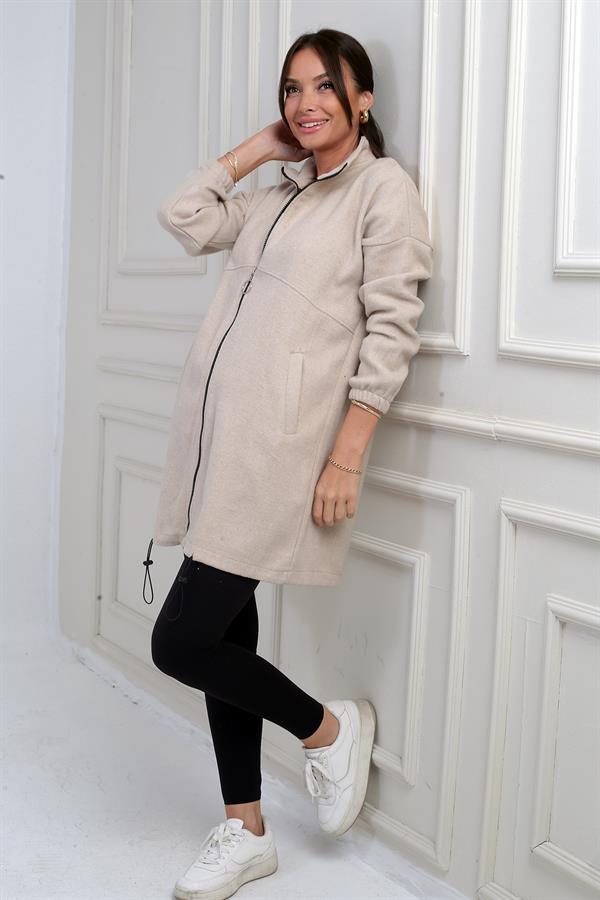 Manteau long en cachemire pour femme avec fermeture éclair sur le devant et poches élastiquées