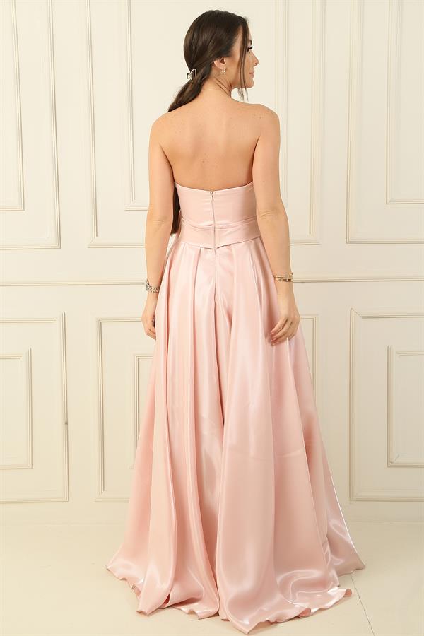 Front Draped, Pocketed, Lined Organza Satin Strapless Long Evening Dress