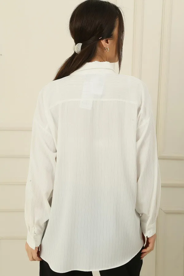 Simli İpli Çizgili Rahat Kalıp Gömlek