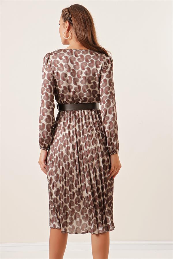 Wrap Neckline Patterned Belted Lined Pleated Satin Dress