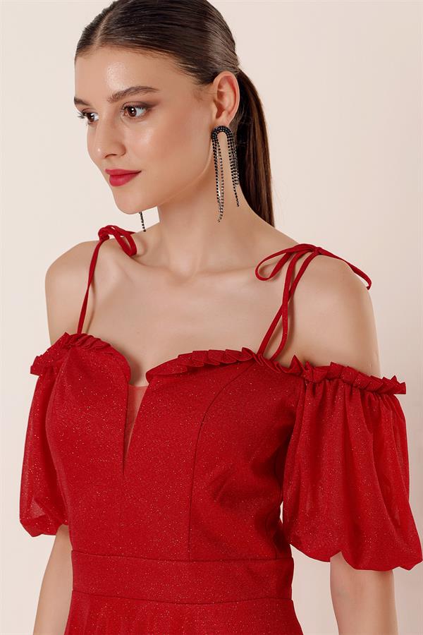 Long Dress with Pleated Neckline, Balloon Sleeves, Lined, and Glittery Embellishments.